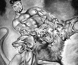 illustration drawing - hercules & cerebus